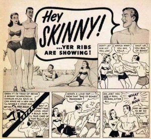 Image of a cartoon strip depicting a bully teasing a skinny guy on beach. Skinny guy builds muscle and beats up bully