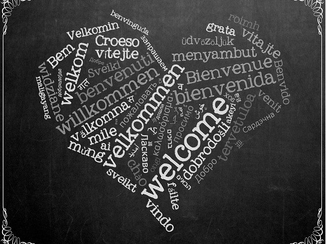 Image of a variety of languages to say welcome on a blackboard